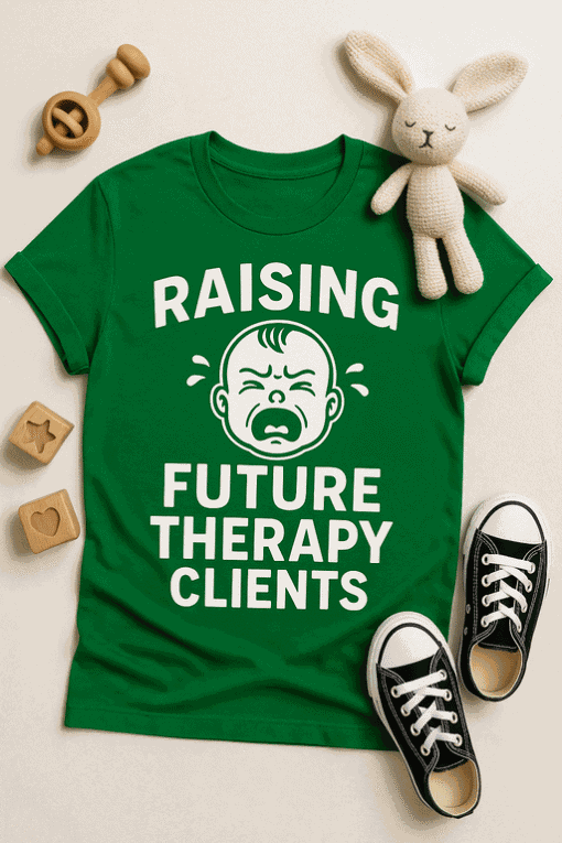 Crying baby graphic t-shirt with funny message about future therapy clients, perfect for parenting humor and gift ideas.