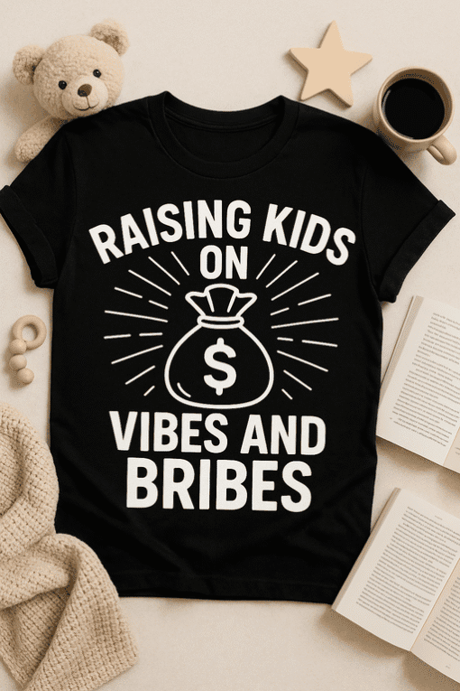 Raising kids on vibes and bribes funny quote T-shirt for parents and humor lovers.