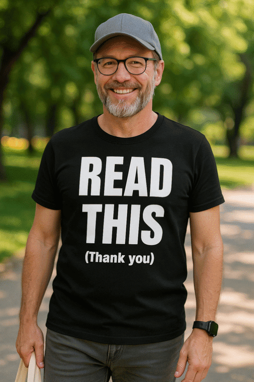 Enjoy the outdoors in humorous "READ THIS" T-shirt for men by T-shirtplease.com. Perfect for casual wear and expressing personality.