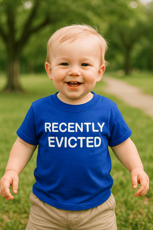 1. Child wearing blue T-shirt with "Recently Evicted" text in park setting.