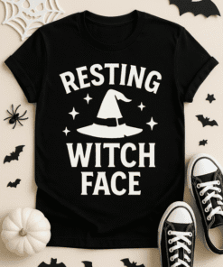 Resting witch face Halloween spooky graphic t-shirt.