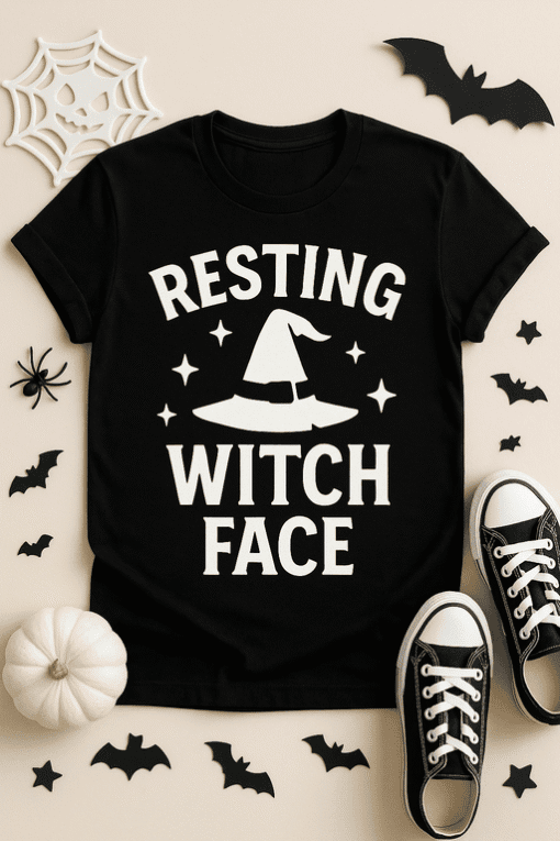 Resting witch face Halloween spooky graphic t-shirt.