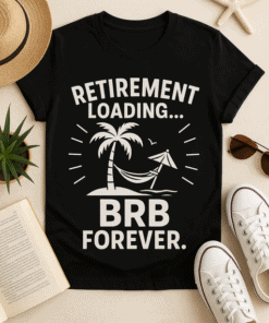 Relaxing retirement T-shirt with palm tree, hammock, and sunset design for leisure and vacation fans.