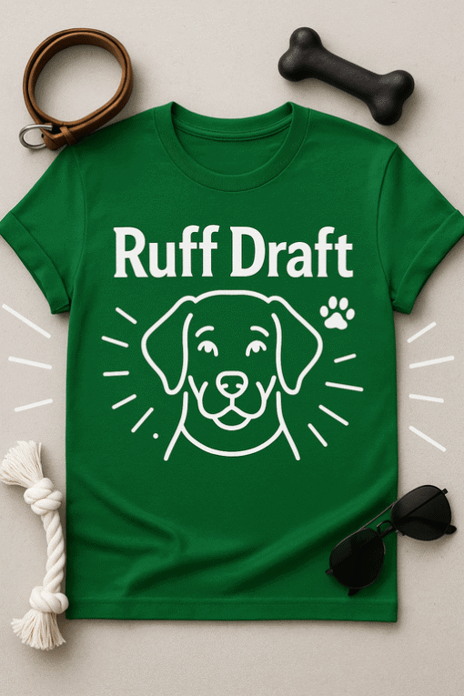 Cute dog-themed t-shirt with "Ruff Draft" design and paw print, perfect for pet lovers and casual wear.