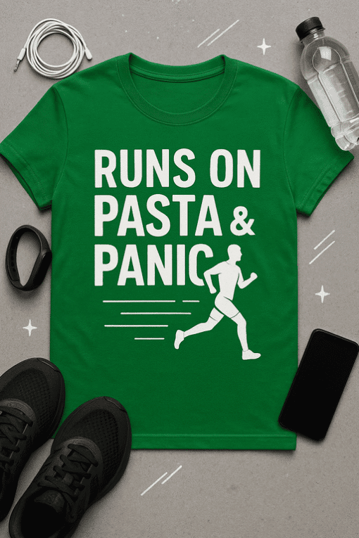 Runs on pasta and panic funny running t-shirt for runners and food lovers.