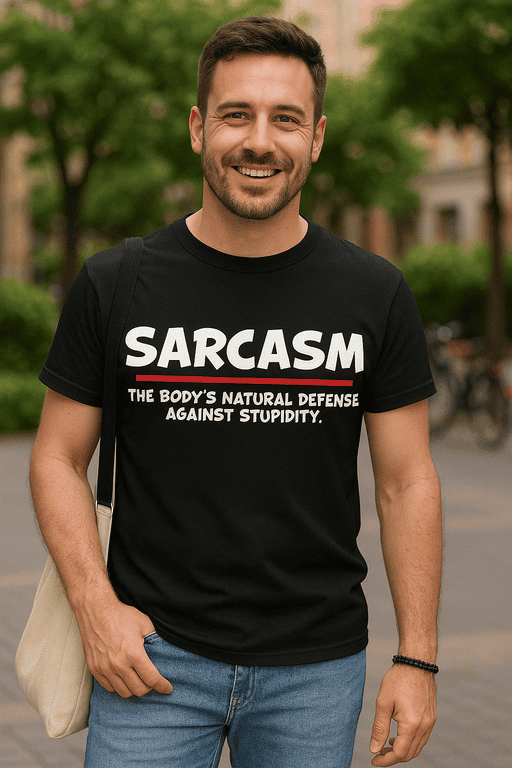1. Funny sarcasm T-shirt for men, witty humorous quote about stupidity and defense.