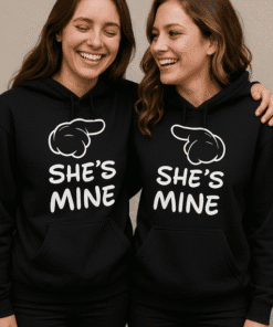 Cute matching couple hoodies with "She's Mine" slogan and pointing hand design, perfect for情侣 sweatshirt gift ideas.