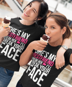 Girl wearing matching graphic T-shirts with ice cream, friendship, fun, summer fashion, casual style, trendy apparel, T-shirt Please.