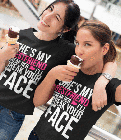 Girl wearing matching graphic T-shirts with ice cream, friendship, fun, summer fashion, casual style, trendy apparel, T-shirt Please.