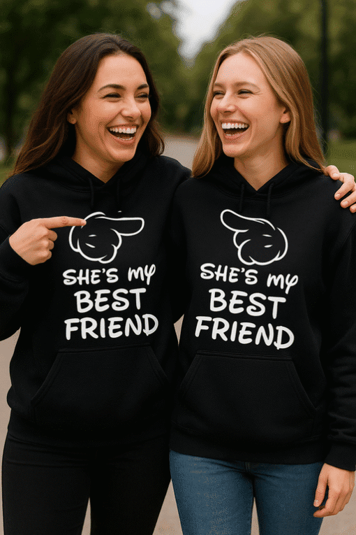 Pointing finger hoodie with best friend quote, perfect for friendship gifts and matching outfits.