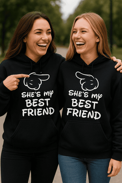 Pointing finger hoodie with best friend quote, perfect for friendship gifts and matching outfits.