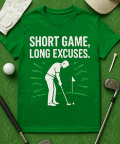 1. Golf-themed T-shirt with humorous quote "Short game, long excuses".