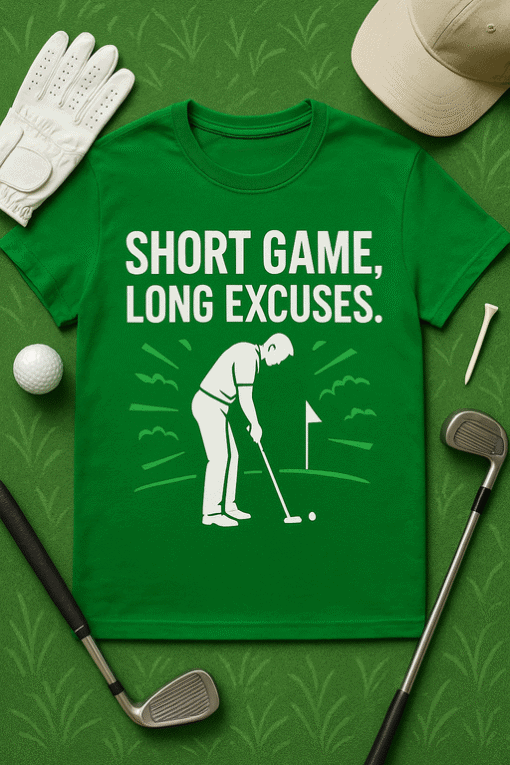 1. Golf-themed T-shirt with humorous quote "Short game, long excuses".