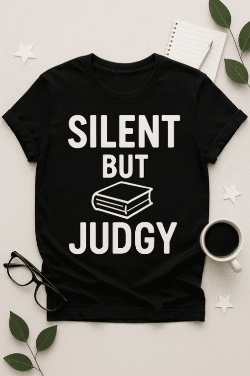 Silent but judgy funny book quote t-shirt for book lovers and readers.