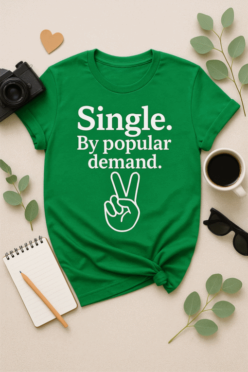 Cute green T-shirt with "Single. By popular demand" quote and peace hand graphic, perfect for casual wear and single life humor.