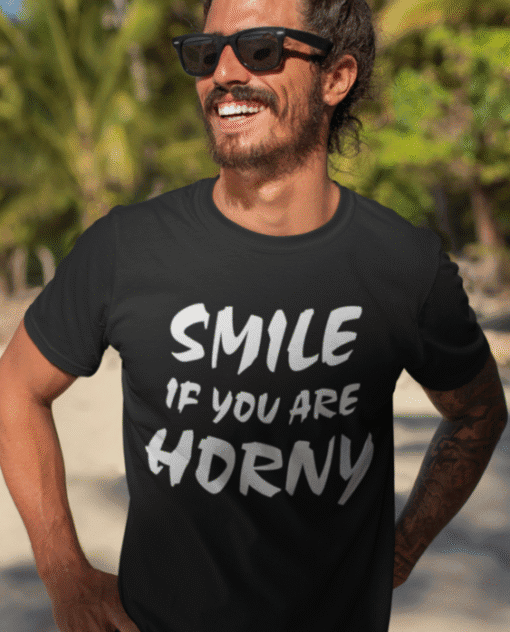 Smile if you are horny t-shirt, humorous men's graphic tee, funny casual summer fashion.