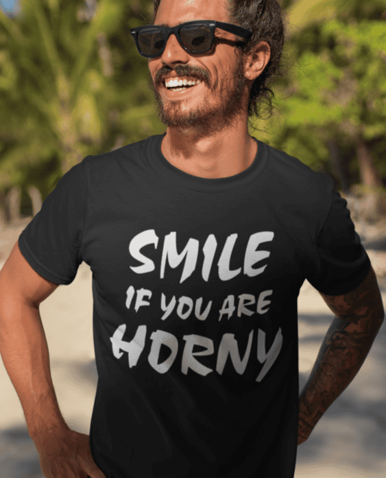 Smile if you are horny t-shirt, humorous men's graphic tee, funny casual summer fashion.