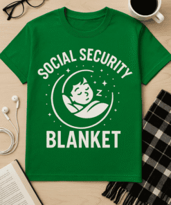 Cozy social security blanket T-shirt with sleeping face graphic, perfect for relaxed loungewear or sleepwear.