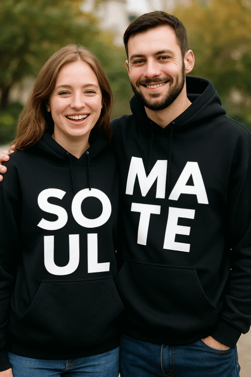 Cute couple wearing matching "SOUL MATE" hoodies, perfect for couples' matching apparel and gifts.