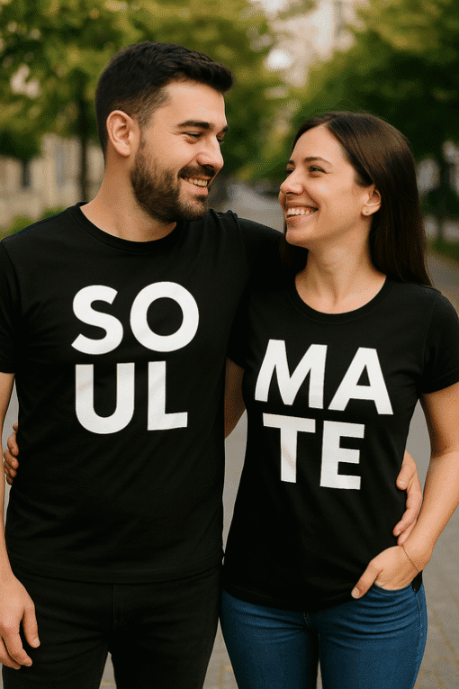 Smiling couple wearing matching black "SOL MATE" T-shirts outdoors.