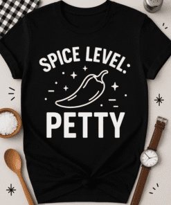 Spice Level Petty funny chili pepper graphic t-shirt for humor and casual wear.