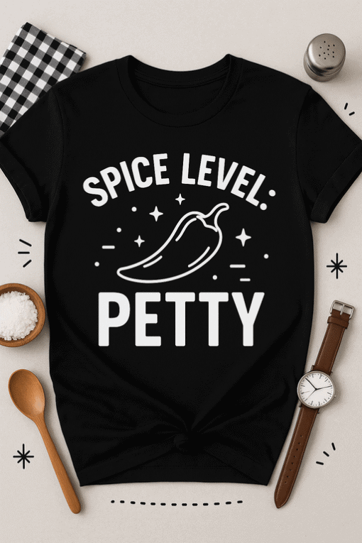 Spice Level Petty funny chili pepper graphic t-shirt for humor and casual wear.