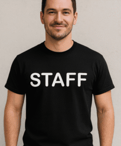 Staff t-shirt, staff uniform, casual staff t-shirt, black t-shirt with staff print, comfortable cotton staff shirt.