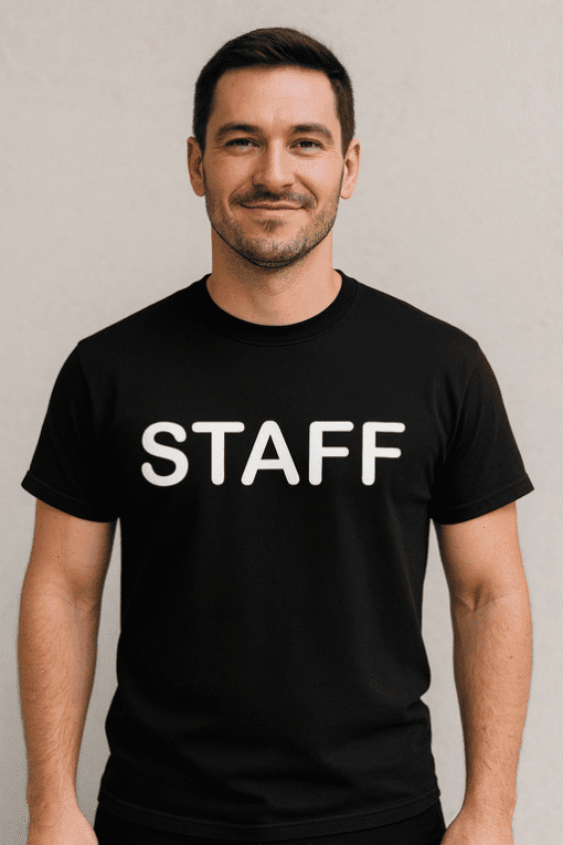 Staff t-shirt, staff uniform, casual staff t-shirt, black t-shirt with staff print, comfortable cotton staff shirt.
