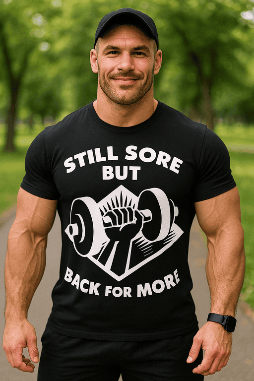 1. Bold black T-shirt with gym-themed "Still Sore But Back for More" design.