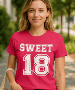 "Young woman wearing vibrant pink 'Sweet 18' T-shirt outdoors".