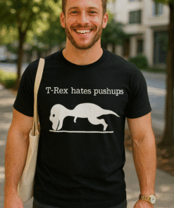 T-rex funny workout T-shirt for men, pushup humorous dinosaur tee, casual fitness top.