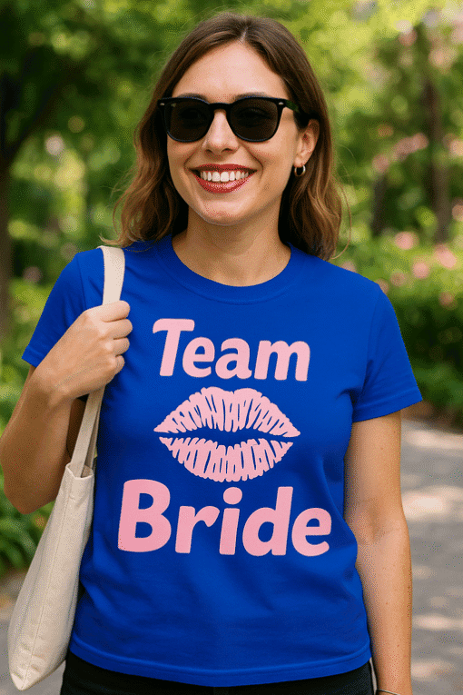 Bold team bride t-shirt with lipstick kiss graphic for bachelorette parties and bridal celebrations.