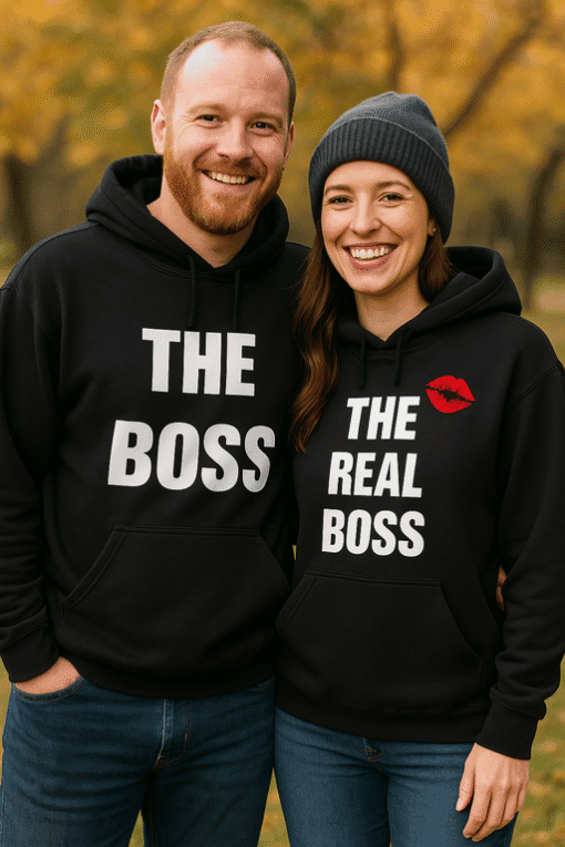1. Matching couple hoodies with bold text and fun design for family and couples fashion.