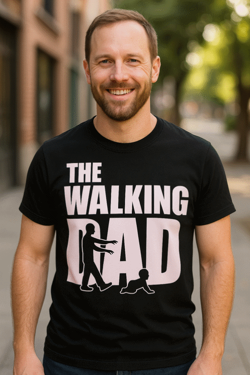 Walking dad t-shirt with silhouette of father and baby, perfect for dad gifts, family humor, and casualwear.