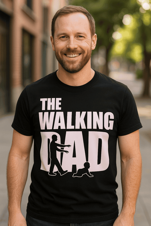 Walking dad t-shirt with silhouette of father and baby, perfect for dad gifts, family humor, and casualwear.