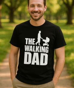 1. Funny dad t-shirt with walking baby stroller graphic, perfect for father’s day.