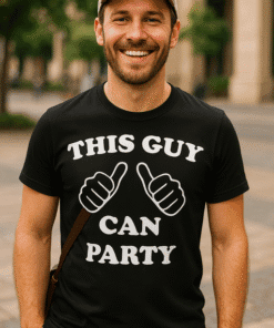 High-quality men's t-shirt with humorous "This Guy Can Party" print and thumbs-up graphic for casual wear.