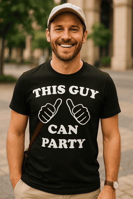 High-quality men's t-shirt with humorous "This Guy Can Party" print and thumbs-up graphic for casual wear.