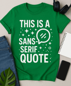 Bold green T-shirt with humorous "This is a sans-serif quote" graphic design, perfect for casual wear and tech enthusiasts.