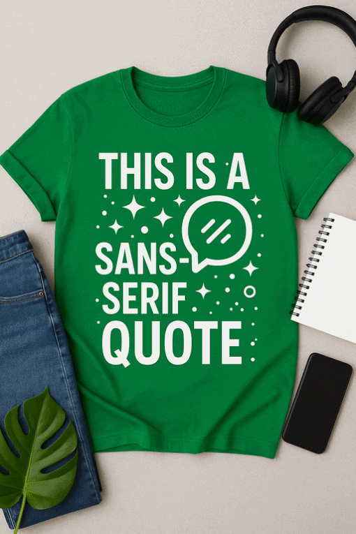 Bold green T-shirt with humorous "This is a sans-serif quote" graphic design, perfect for casual wear and tech enthusiasts.