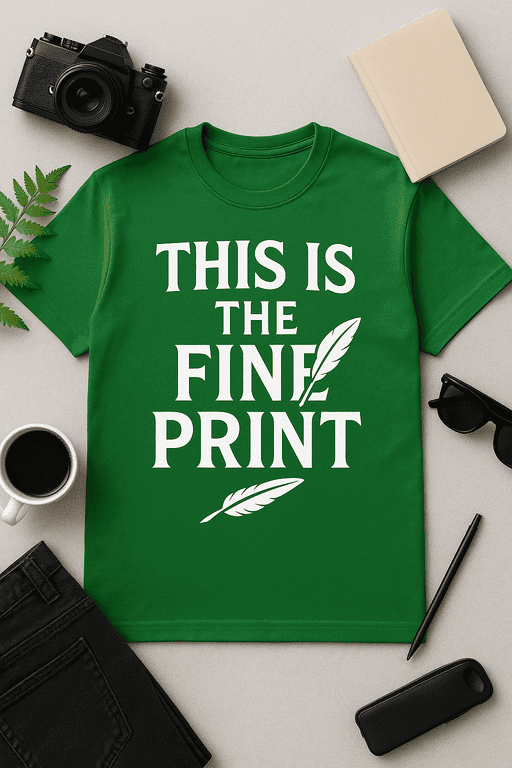 Bright green t-shirt with "This is the fine print" quote and feather graphics for stylish casual wear.