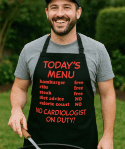 "Funny chef apron with humorous menu for grilling or cooking enthusiasts".