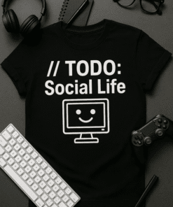 1. Black social life t-shirt with computer icon, casual geek style for social media enthusiasts.