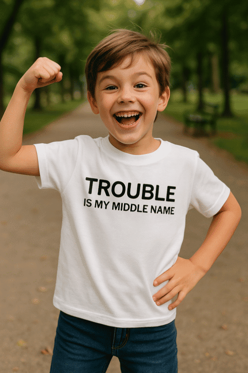 Funny kids t-shirt with humorous quote, casual boy fashion, playful children’s clothing, trendy graphic tee for kids.