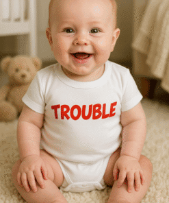 Cute baby smiling in trouble-themed T-shirt, perfect for funny baby outfits and casual fashion.