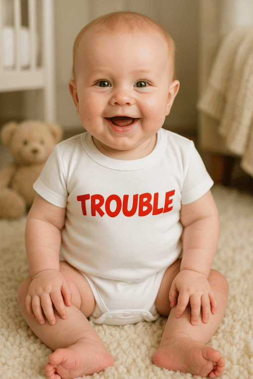 Cute baby smiling in trouble-themed T-shirt, perfect for funny baby outfits and casual fashion.