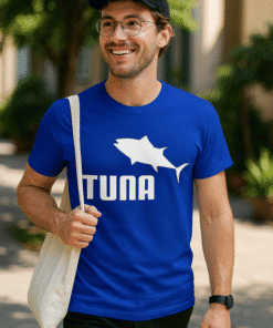 Vibrant blue T-shirt with shark graphic and "TUNA" text, perfect for ocean lovers and casual wear.