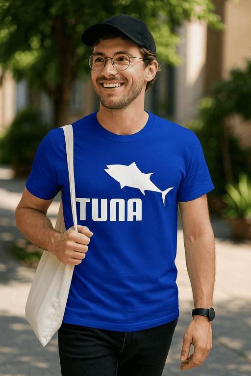 Vibrant blue T-shirt with shark graphic and "TUNA" text, perfect for ocean lovers and casual wear.