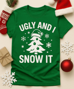 Ugly Christmas sweater, funny holiday shirt, Christmas tree, snowflake, Santa hat, Christmas gift, seasonal apparel, T-shirtplease.com.