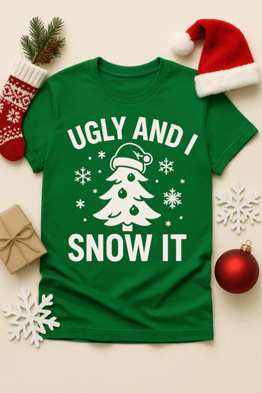 Ugly Christmas sweater, funny holiday shirt, Christmas tree, snowflake, Santa hat, Christmas gift, seasonal apparel, T-shirtplease.com.